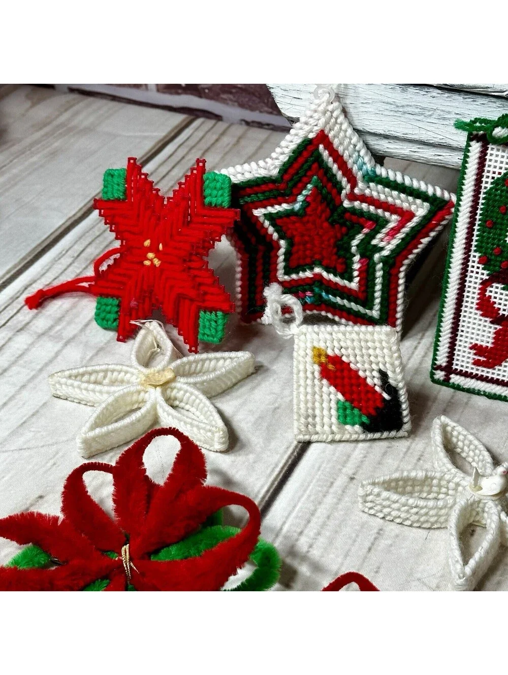 Vintage Lot 21 Plastic Canvas & Crocheted Christmas Ornaments & Poinsettia Decor